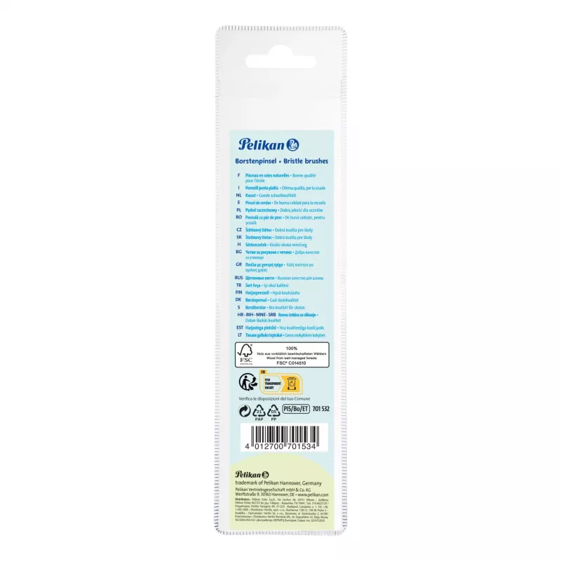 Pelikan Starter-Pinselset, 5 Borstenpinsel mit Holzgriffen, verschiedene Größen, transparente Aufbewahrungsbox 300008263