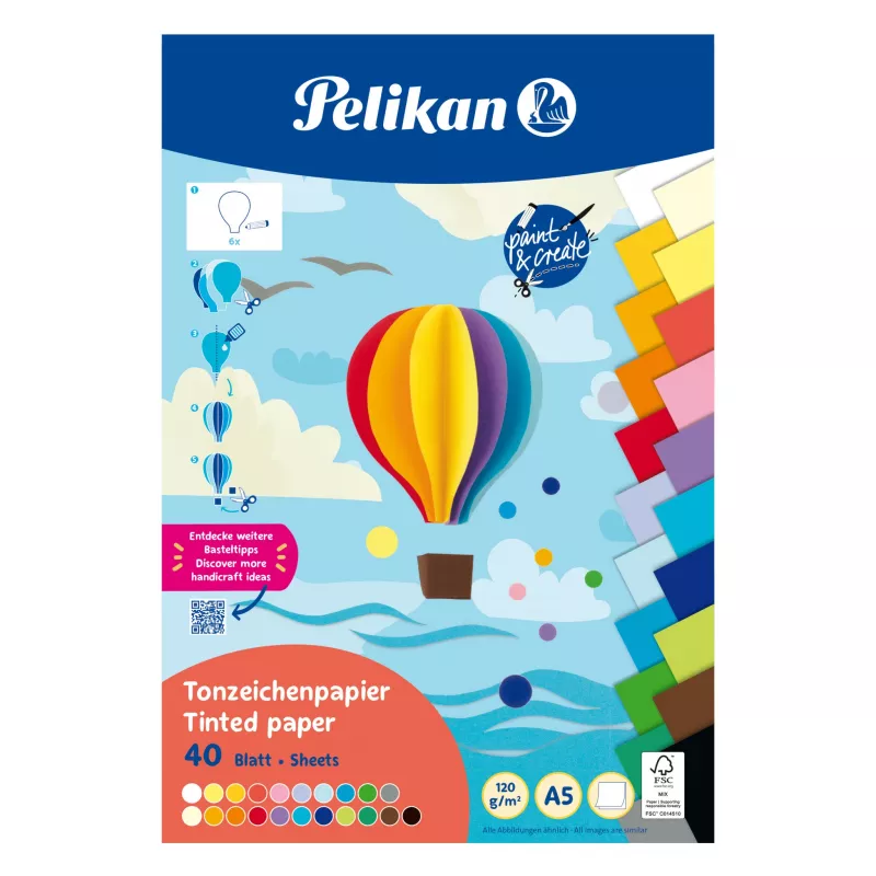 Pelikan Farbiger Tonkarton-Block DIN A5, 40 Blatt, 120 g/m², 21 Farben, oben geleimt 300002259