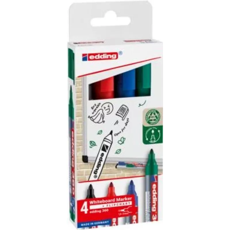 EDDING 360 Whiteboard-Marker, verschiedene Farben, 1,5-3,0 mm, 4 Stück (4-360-4-2)