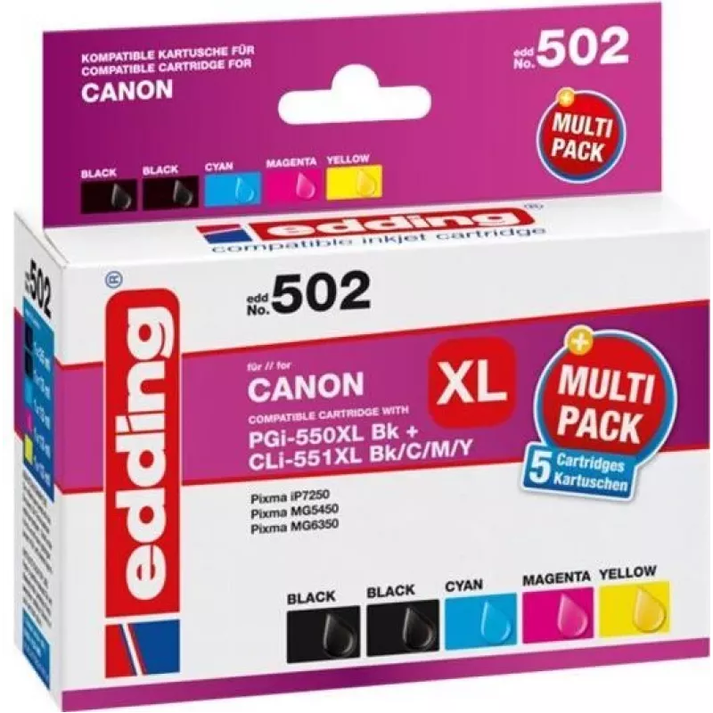 Edding EDD-502 E Kompatible Tintenpatronen Multi-Pack für Canon PGI-550PGBK XL, CLI-551 C/M/Y XL (Schwarz, Cyan, Magenta, Gelb)