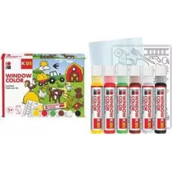 Marabu KiDS Window Color Set Farm, 6 x 25 ml abziehbare Fensterfarbe, wasserbasiert, ablösbar, 1 Set (0306000000006)
