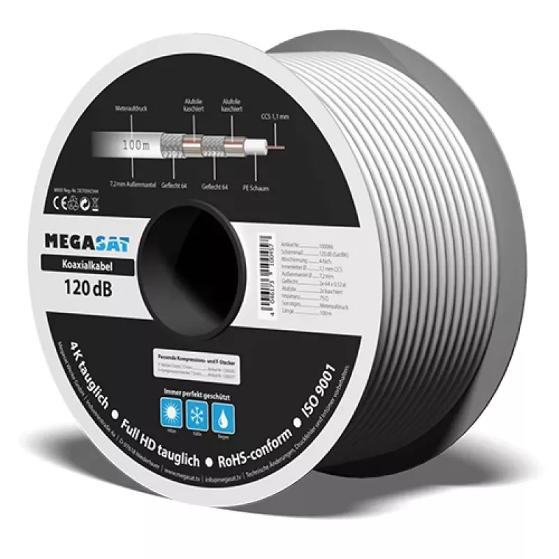 Megasat Koaxialkabel 100 m, vierschichtig geschirmt, 120 dB, 75 Ohm, F-Typ Ready 100066