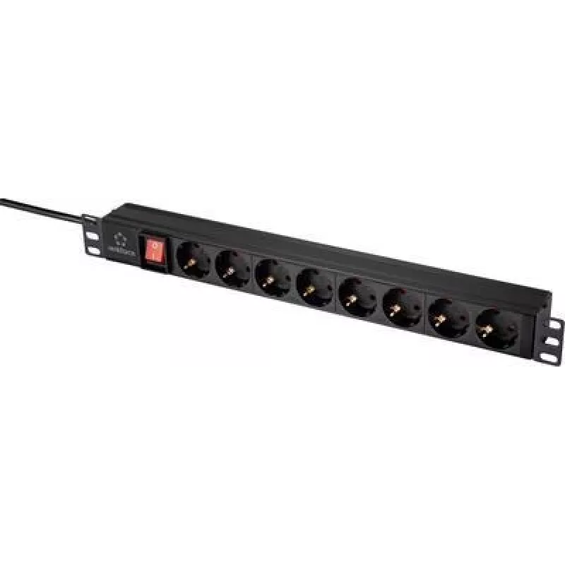 Renkforce RF-4604248 19 inch 1U Rackmount-Steckdosenleiste mit 8 Schuko-Steckdosen, Schalter, 2m Kabel, Schwarz