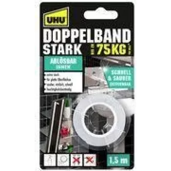 UHU Montageband STRONG, doppelseitig, bis zu 75 kg, weiß extra stark, Alternative zu Schrauben & Nägeln, haftet dauerhaft – 1 Stück (46890)