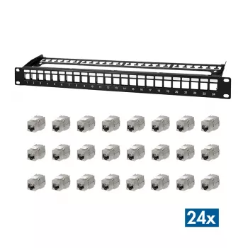 LogiLink PrimeLine 24-Port geschirmtes Cat.6A Keystone Patch Panel, 19 Zoll 1U, Schwarz (RAL9005), 24x Keystone Module enthalten NK5001