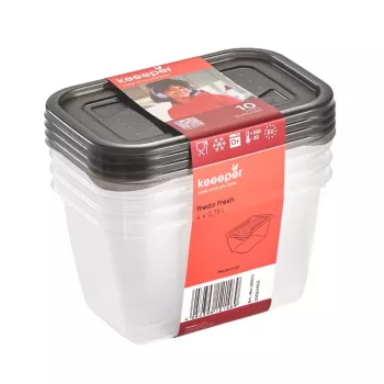 keeeper fredo fresh Aufbewahrungsbehälter-Set, 4 x 0,75 L, rechteckig, transparent mit grauen Deckeln 3067382700000