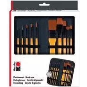 Marabu Pinsel-Etui mit 10 Acrylpinseln, Reißverschluss-Etui, universelle Sortierung, synthetische Borsten, Holzgriffe 1628000000002