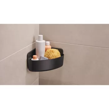 tesa LAVAA Duschkorb für Ecken, Mattschwarz, Selbstklebend, Bohrfrei, bis zu 6 kg 40518-00000-00