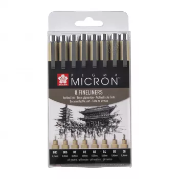 SAKURA Pigma Micron Fineliner-Stiftset, 8-teilig, Schwarz, verschiedene Spitzengrößen 0,15 mm bis Pinsel POXSDK8