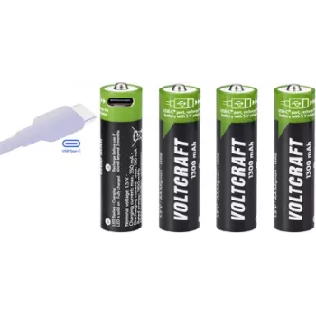 Voltcraft VC-AA1300USB USB-C wiederaufladbare Li-Ion AA-Batterien 1300 mAh 1,5 V, 4er-Pack