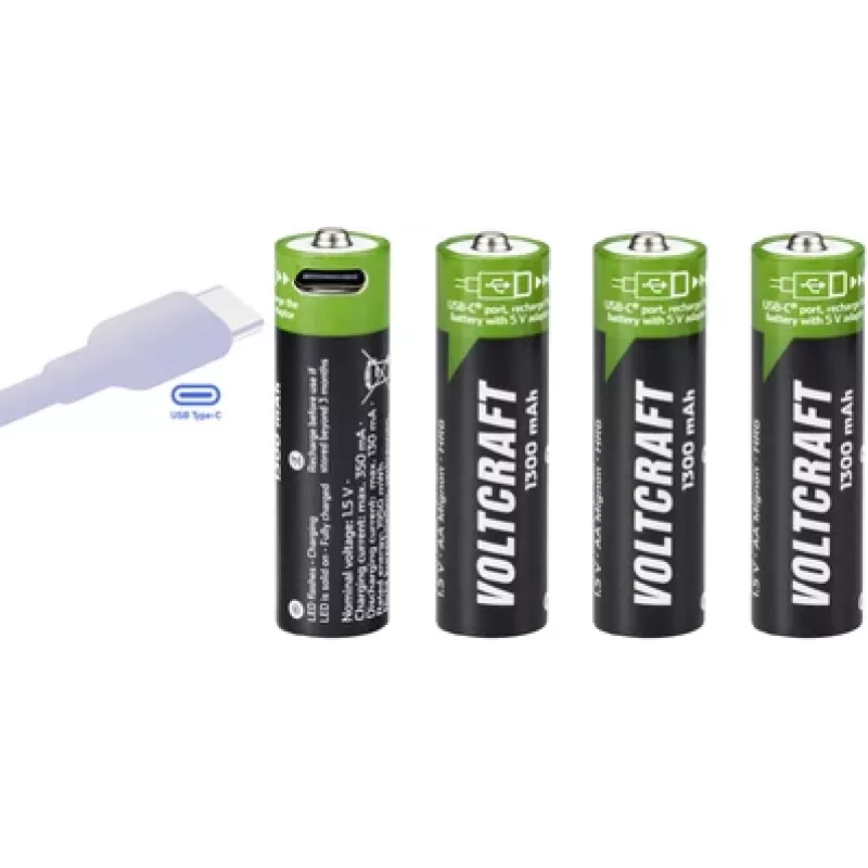 Voltcraft VC-AA1300USB USB-C wiederaufladbare Li-Ion AA-Batterien 1300 mAh 1,5 V, 4er-Pack