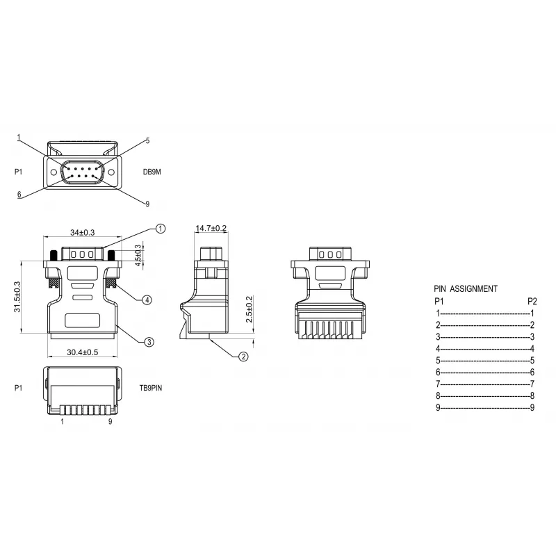 EXSYS EX-49110 DB9 Stecker auf 9-Pin Schraubklemmenblock Adapter mit Drucktaster
