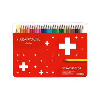 CARAN D'ACHE Swisscolor wasserfeste Buntstifte, 30 verschiedene Farben, Zedernholz, sechskant, Metalldose 1284.730