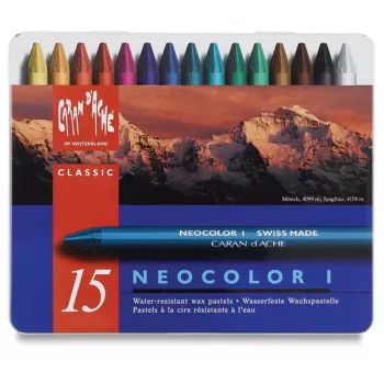 Caran d'Ache Neocolor I Wachsmalstifte, 15 verschiedene Farben, rund, Papierhülle, Metalldose 7000.315