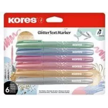 Kores Glitter Textmarker-Set, Keilspitze 3-5 mm, 6 leuchtende Glitzerfarben, wasserbasiert, schnelltrocknend, wischfest, belüftete Kappe, ungiftig TM36300