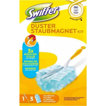 Swiffer Staubmagnet Starter Kit Olympia – Trockenstaubwisch-Set mit Griff und 5 elektrostatischen Tüchern
