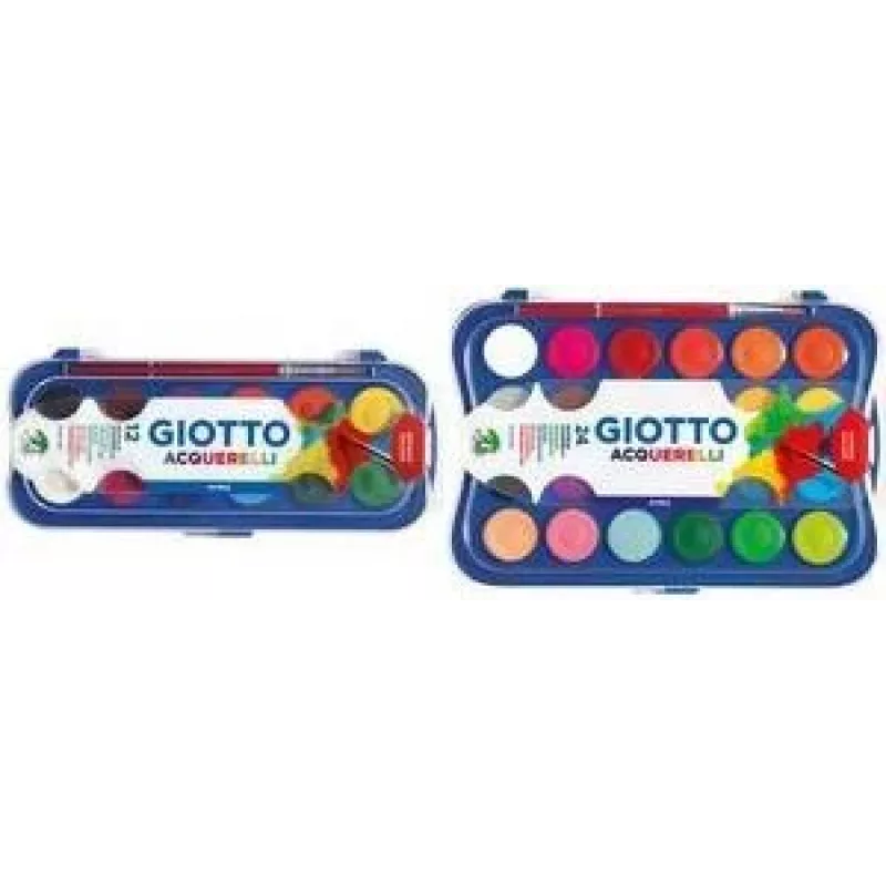 GIOTTO Deckfarbkasten, 12 Farben, 30 mm Näpfe, Hohe Deckkraft, Kunststoffetui, Inklusive Pinsel (F351200)
