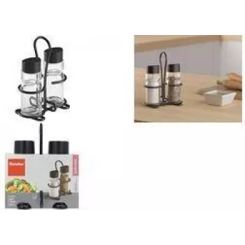 Metaltex Spice Line Salz- und Pfefferstreuer-Set, 3-teilig, Glas mit schwarzen Kunststoffdeckeln, transparent 252871000