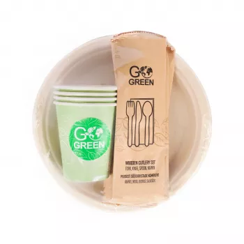 GOGREEN Kompostierbares Picknick-Geschirrset für 4 Personen, 24 Teile, pflanzlich, Naturweiß