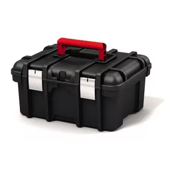 KETER DIY Werkzeugkoffer 16, 41,9 x 32,7 x 20,5 cm, Schwarz mit roten Akzenten, stapelbar, Metallverschlüsse, herausnehmbare Ablage
