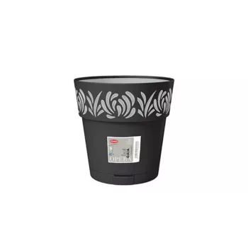 STEFANPLAST Gaia Blumentopf mit Untersetzer, rund, 20 cm Durchmesser, 19 cm Höhe, 6 L, Schwarz