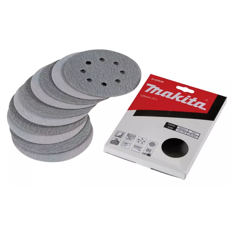 Makita D-65838 Schleifscheibe 125mm P80 Körnung 10er-Pack Klettverschluss 8-Loch