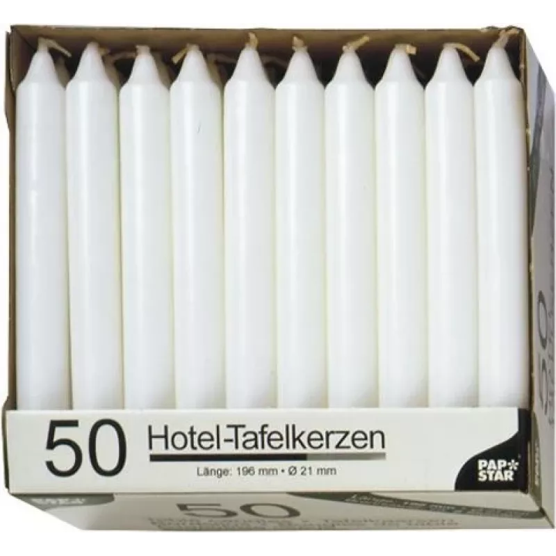 PAPSTAR Stabkerze Weiß 196 mm Höhe 22 mm Durchmesser, 100 Stück, Paraffin, 7 h Brenndauer