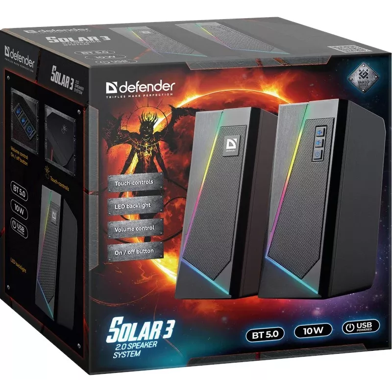 Defender Solar 3 2.0 Bluetooth-Lautsprecher, 10W, LED, USB, Schwarz