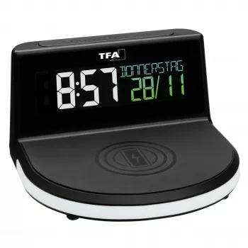 TFA Dostmann 60.2028.01 Digitaler Wecker mit Ladestation für kabelloses Laden CHARGE