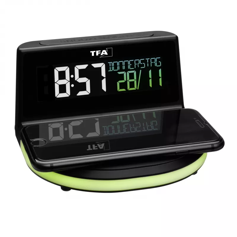 TFA Dostmann 60.2028.01 Digitaler Wecker mit Ladestation für kabelloses Laden CHARGE