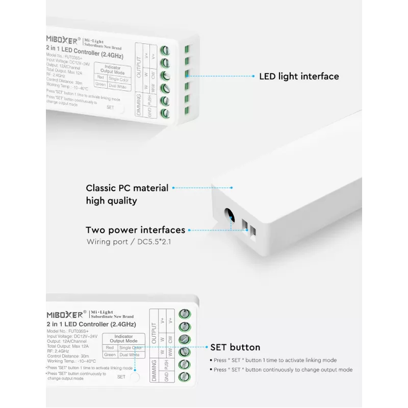 MiBoxer FUT035S+16kHz 2-in-1 Dual White LED-Controller (DC12/24V, 2,4GHz, 16kHz flimmerfrei)