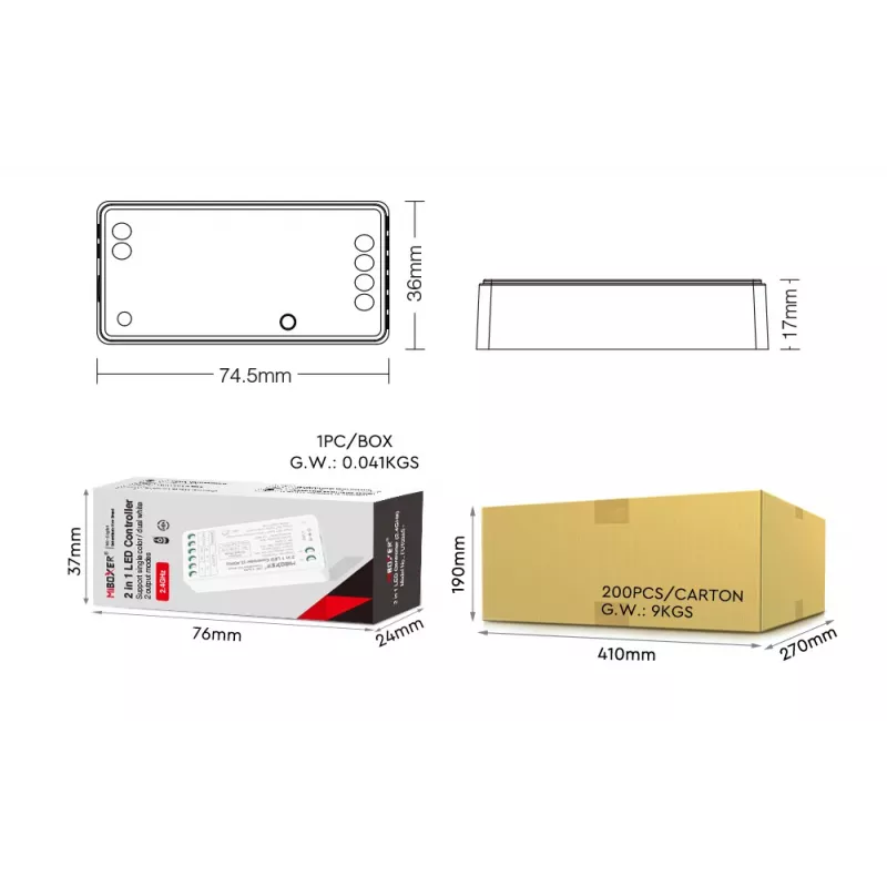 MiBoxer FUT035S+16kHz 2-in-1 Dual White LED-Controller (DC12/24V, 2,4GHz, 16kHz flimmerfrei)