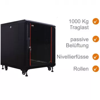 IT-BUDGET 19 inch Netzwerkschrank SRK 12U 600x600 mm Glas-/Stahltür vormontiert Schwarz 99ITB19SRK1266GSNM