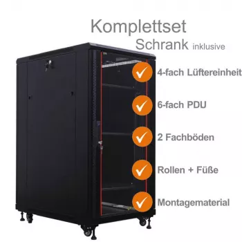 IT-BUDGET 19-Netzwerkschrank SRK Komplettset - 27U - 600x800 mm - Glas-/Massivtür - 4 aktive Lüfter - PDU - Fachböden - Flatpack - Schwarz (90ITB19SRK2768GS)