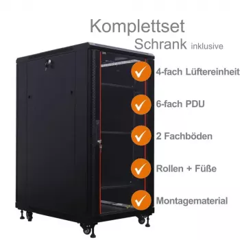 IT-BUDGET 19-Netzwerkschrank SRK Komplettset - 27U - 600x800 mm - Glas-/Massivtür - 4 aktive Lüfter - PDU - Fachböden - Flatpack - Schwarz (90ITB19SRK2768GS)