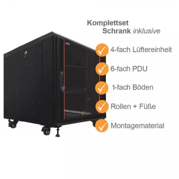 IT-BUDGET 19 inch Netzwerkschrank SRK Komplettset 12U 600x600 mm Glas-/Stahltür 4 Lüfter PDU Fachböden Flatpack Schwarz 90ITB19SRK1266GS