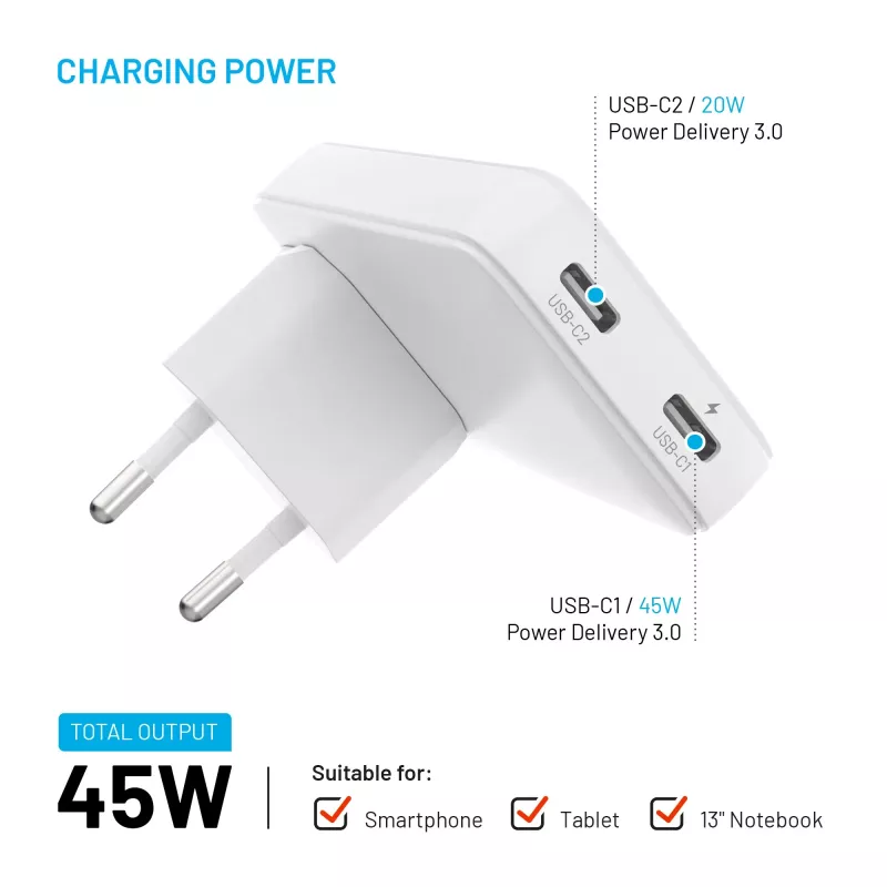 Fixed Slim Traveller 2xUSB-C Reiseladegerät mit Weltadaptern, GaN, 45W – Weiß