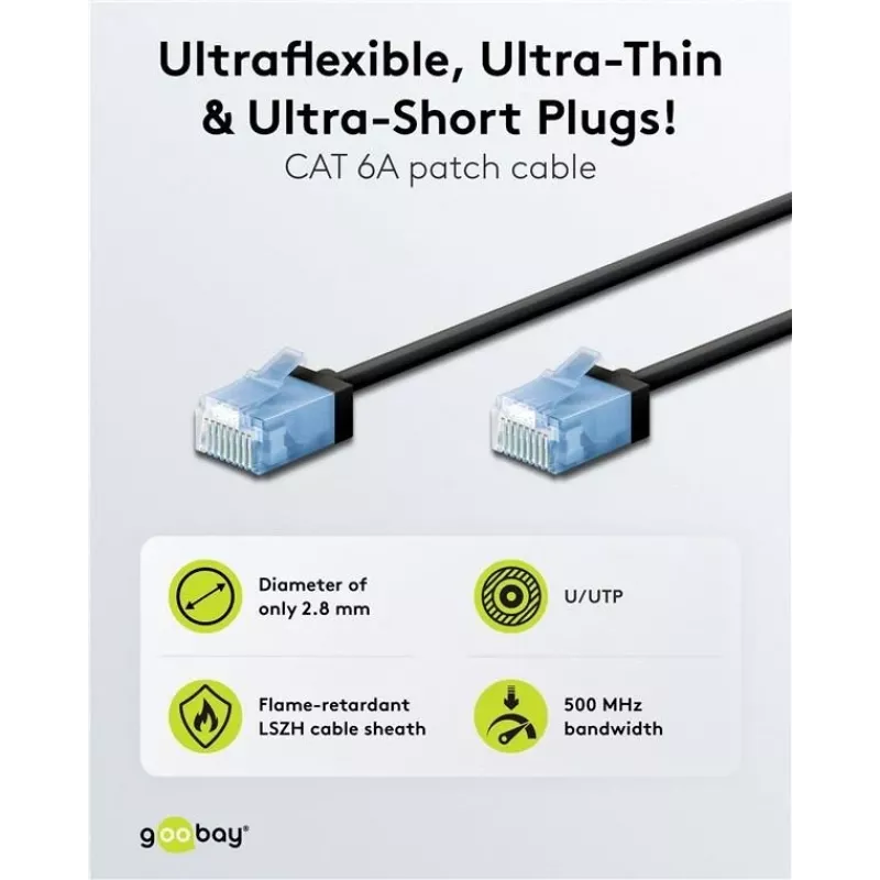 Goobay Ultraflexibles CAT 6A Slim U/UTP Patchkabel, Schwarz, 0,25 m, Extra-Kurze Snagless-Anschlüsse 74233
