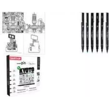 uni-ball PIN Kyoto Fineliner-Stift-Set, 6 Pigmenttintenstifte (Schwarz, 0,1–Pinsel), wasserfest CF PIN/6 003
