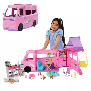 Barbie Dreamhouse Adventures Puppen-Wohnmobil-Spielset, verwandelt sich in 7-Bereichs-Wohnmobil, 60+ Zubehörteile, Rosa