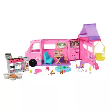 Barbie Dreamhouse Adventures Puppen-Wohnmobil-Spielset, verwandelt sich in 7-Bereichs-Wohnmobil, 60+ Zubehörteile, Rosa