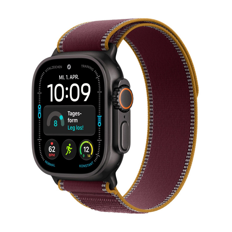 Apple Watch Ultra 4 GPS + Cellular 49 mm Titangehäuse Schwarz mit Trail Loop Burgund – M/L