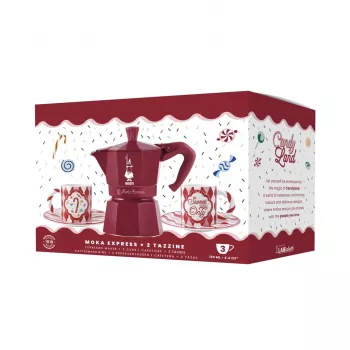Bialetti Candyland Moka Express 3TZ Handkaffeemaschine Set, 150 ml, Rot + 2 Tassen