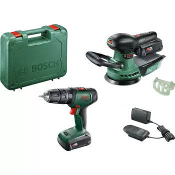 Bosch DIY Set UniversalImpact 18V + AdvancedOrbit 18V, 2x 2,0Ah Li-Ion Akku, Akku-Schlagbohrschrauber + Akku-Exzenterschleifer, Grün (06039D410A)