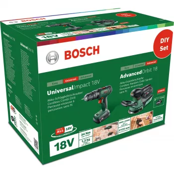 Bosch DIY Set UniversalImpact 18V + AdvancedOrbit 18V, 2x 2,0Ah Li-Ion Akku, Akku-Schlagbohrschrauber + Akku-Exzenterschleifer, Grün (06039D410A)