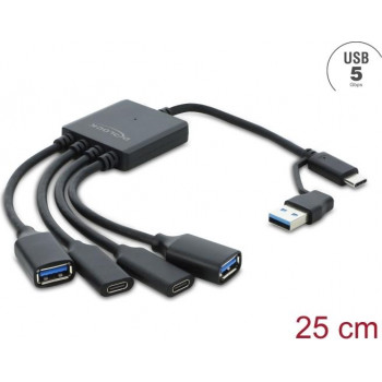Delock 4 Port USB 5 Gbps Kabel-Hub mit USB Type-C™ oder USB Type-A Stecker auf 2 x USB Type-A Buchse + 2 x USB Type-C™ Buchse - 25 cm (64375)