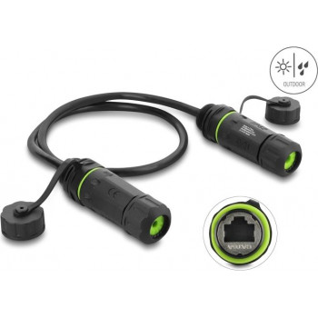 Delock Dual-Kabelverbinder RJ45-Buchse auf RJ45-Buchse Cat.6A für Installation mit M20 x 1,5 mm Gewinde IP68 staub- und wasserdicht 0,5 m Schwarz (91839)
