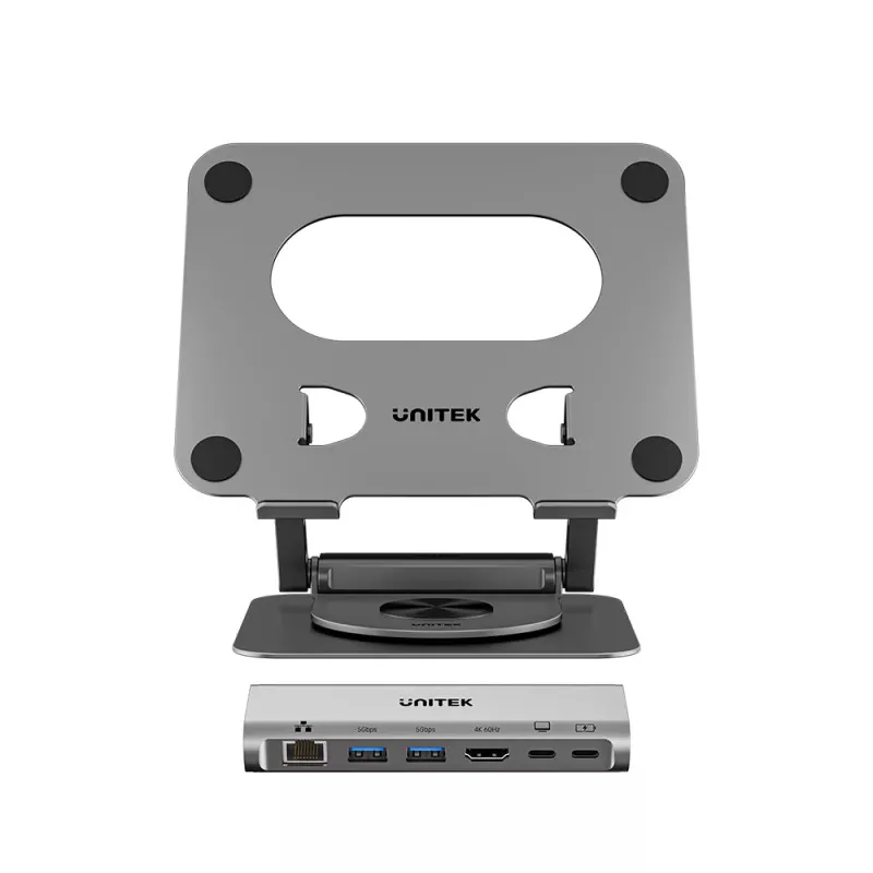 Unitek Laptop-Ständer mit abnehmbarem 5-in-1 USB-C-Hub - 2x USB-A 5Gbps, HDMI 4K@60Hz, RJ45, PD 100W (D1109CGY01)