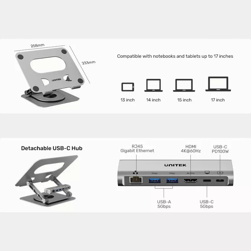 Unitek Laptop-Ständer mit abnehmbarem 5-in-1 USB-C-Hub - 2x USB-A 5Gbps, HDMI 4K@60Hz, RJ45, PD 100W (D1109CGY01)