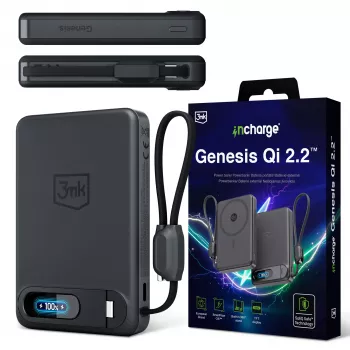 3mk incharge Genesis Qi2 25W kabelloses Ladegerät + PD 45W mit integriertem USB-C-Kabel, Schwarz